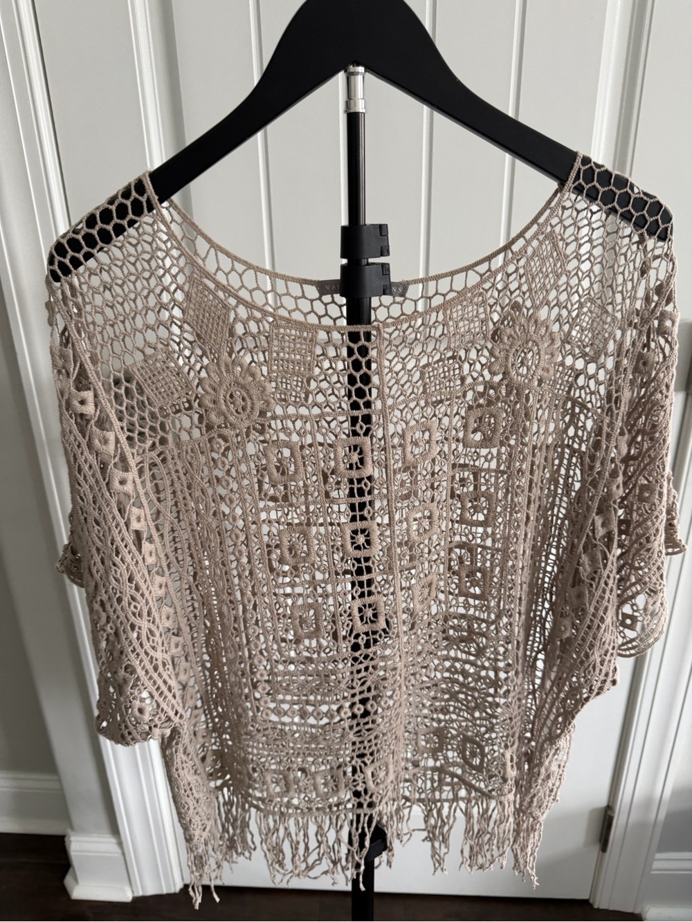 Openwork Crochet Fringe Blouse in Taupe